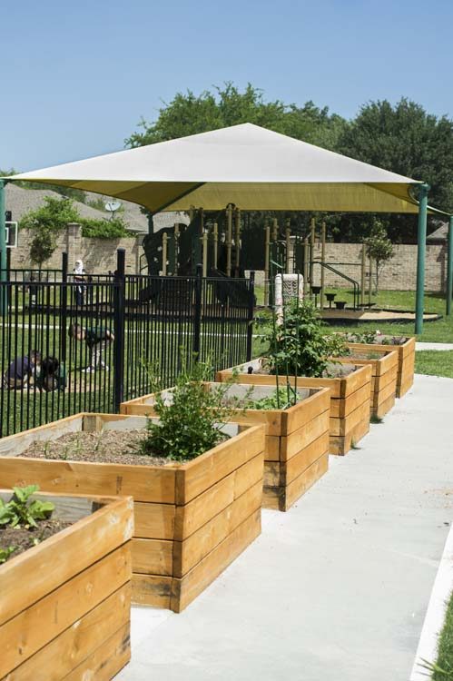 Raised garden beds and the shaded playground at the Heritage campus