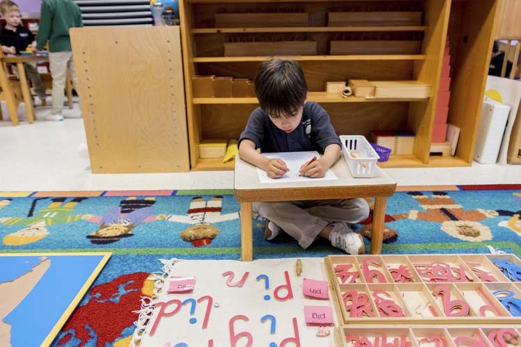 A bright, open Montessori classroom with low shelves and natural light